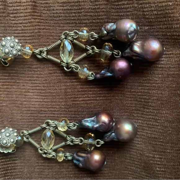 STEPHEN DWECK gorgeous bronze tone chandelier earrings baroque pearls & crystals - Picture 5 of 7
